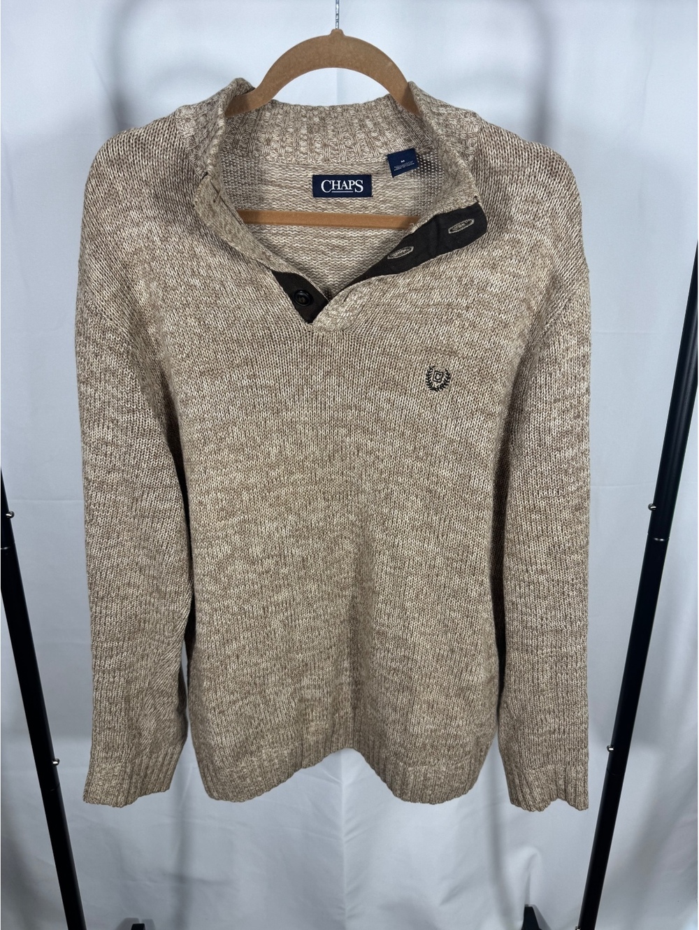 Chaps Men's Medium Beige Knit Pullover Sweater with Elbow Patches
